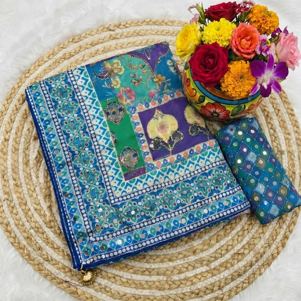 Designer Floral Print Soft Chinon Festive Saree Featuring Elegant Gold Zari Border and Real Mirror Work Blouse - Free, Royal Blue