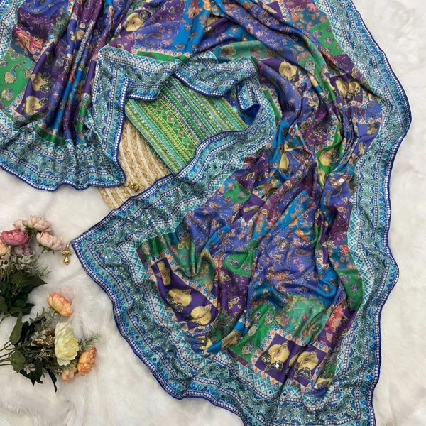 Designer Floral Print Soft Chinon Festive Saree Featuring Elegant Gold Zari Border and Real Mirror Work Blouse - Free, Royal Blue