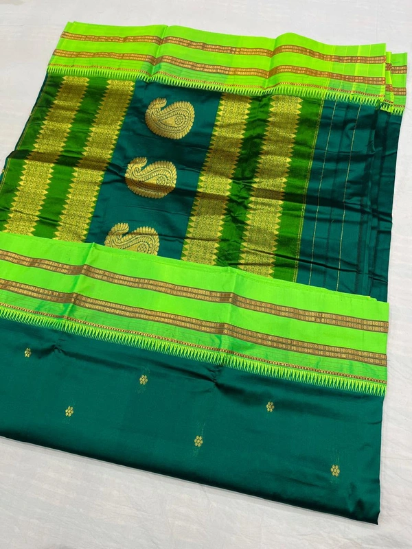 Designer Handloom Narayanpeth Saree with Classic Ethnic Borders - Free, Rama Green (3)
