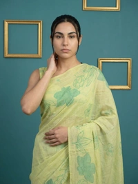 Designer Muga Cotton Saree featuring Classic Pencil Art Flower Pallu - FREE, PISTA