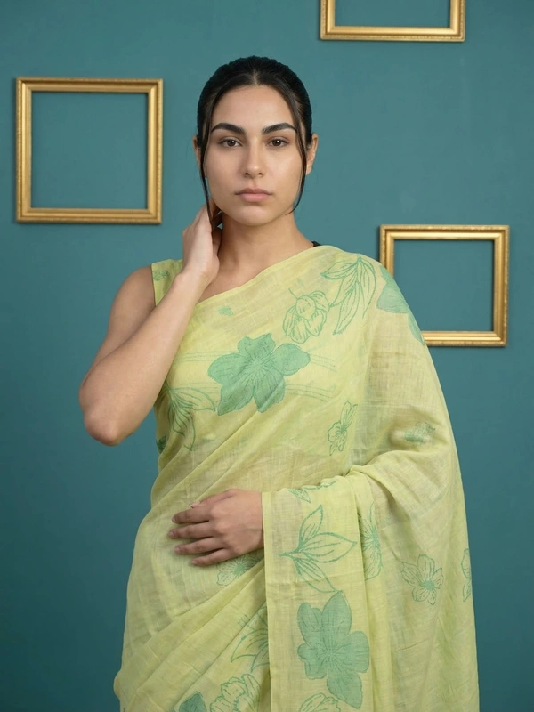 Designer Muga Cotton Saree featuring Classic Pencil Art Flower Pallu - FREE, PISTA