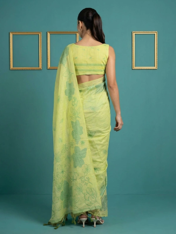 Designer Muga Cotton Saree featuring Classic Pencil Art Flower Pallu - FREE, PISTA