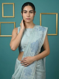 Designer Muga Cotton Saree featuring Classic Pencil Art Flower Pallu - FREE, SKY