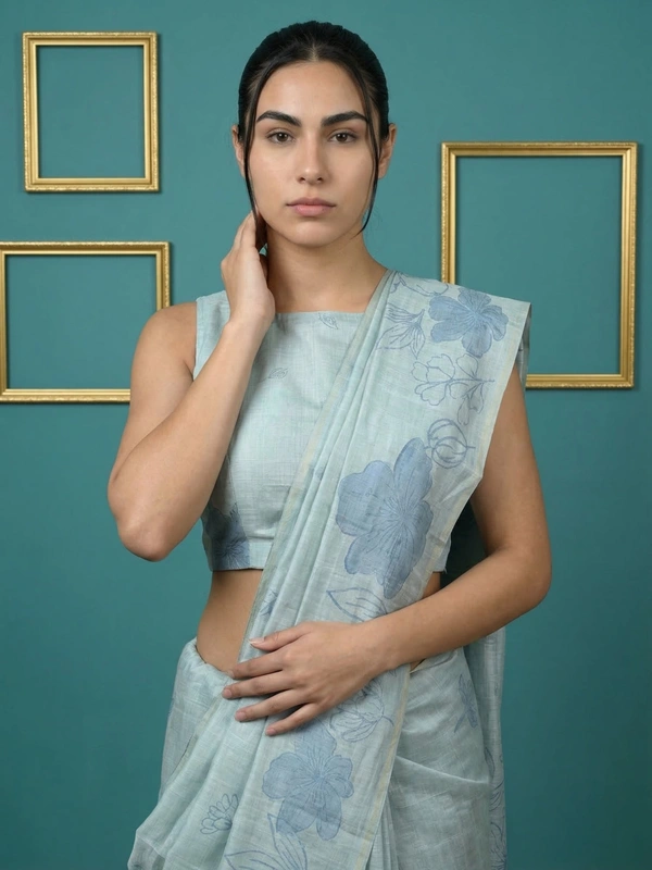 Designer Muga Cotton Saree featuring Classic Pencil Art Flower Pallu - FREE, SKY