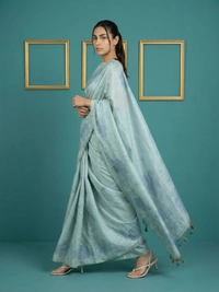 Designer Muga Cotton Saree featuring Classic Pencil Art Flower Pallu - FREE, SKY