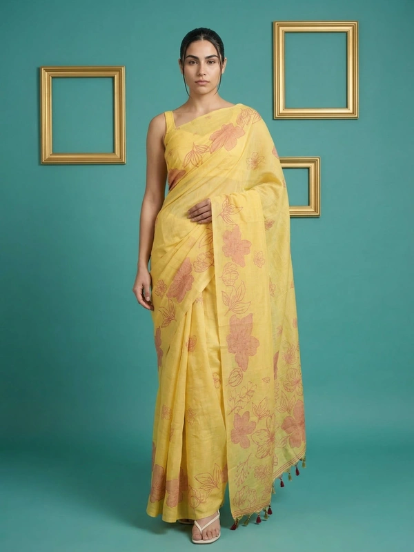 Designer Muga Cotton Saree featuring Classic Pencil Art Flower Pallu