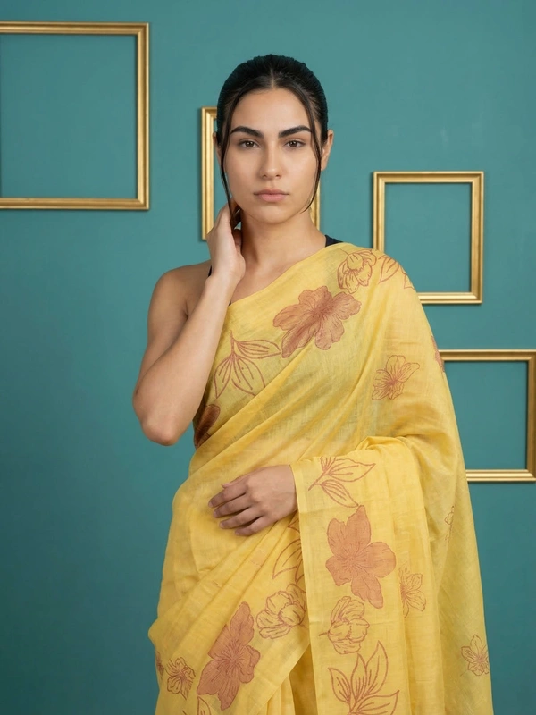 Designer Muga Cotton Saree featuring Classic Pencil Art Flower Pallu - FREE, YELLOW