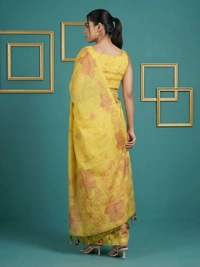 Designer Muga Cotton Saree featuring Classic Pencil Art Flower Pallu - FREE, YELLOW