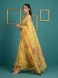Designer Muga Cotton Saree featuring Classic Pencil Art Flower Pallu - FREE, YELLOW