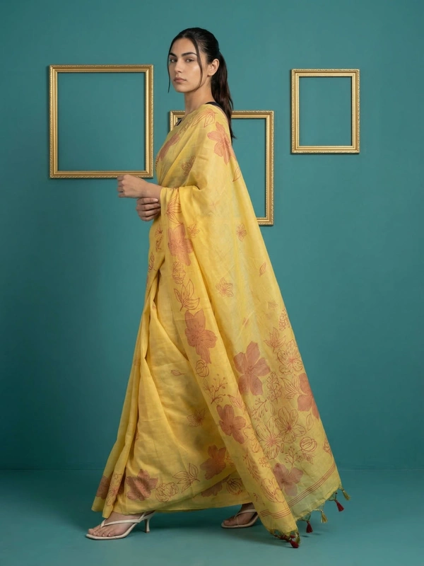 Designer Muga Cotton Saree featuring Classic Pencil Art Flower Pallu - FREE, YELLOW