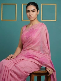 Designer Muga Cotton Saree featuring Classic Pencil Art Flower Pallu - FREE, PINK