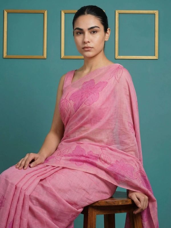 Designer Muga Cotton Saree featuring Classic Pencil Art Flower Pallu - FREE, PINK