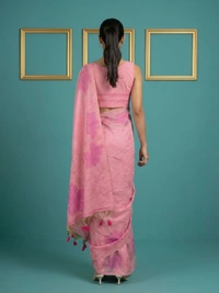 Designer Muga Cotton Saree featuring Classic Pencil Art Flower Pallu - FREE, PINK