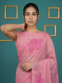Designer Muga Cotton Saree featuring Classic Pencil Art Flower Pallu - FREE, PINK