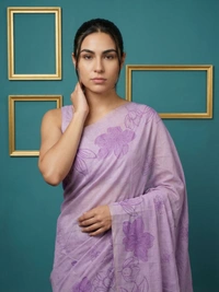 Designer Muga Cotton Saree featuring Classic Pencil Art Flower Pallu - FREE, LAVENDER
