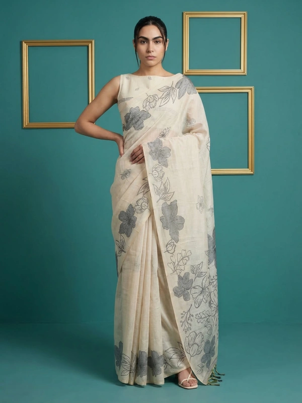 Designer Muga Cotton Saree featuring Classic Pencil Art Flower Pallu