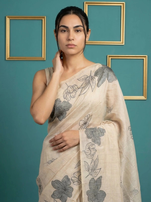 Designer Muga Cotton Saree featuring Classic Pencil Art Flower Pallu - FREE, WHITE