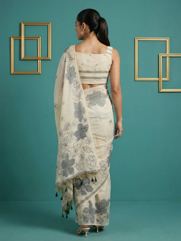 Designer Muga Cotton Saree featuring Classic Pencil Art Flower Pallu - FREE, WHITE