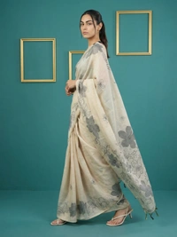 Designer Muga Cotton Saree featuring Classic Pencil Art Flower Pallu - FREE, WHITE