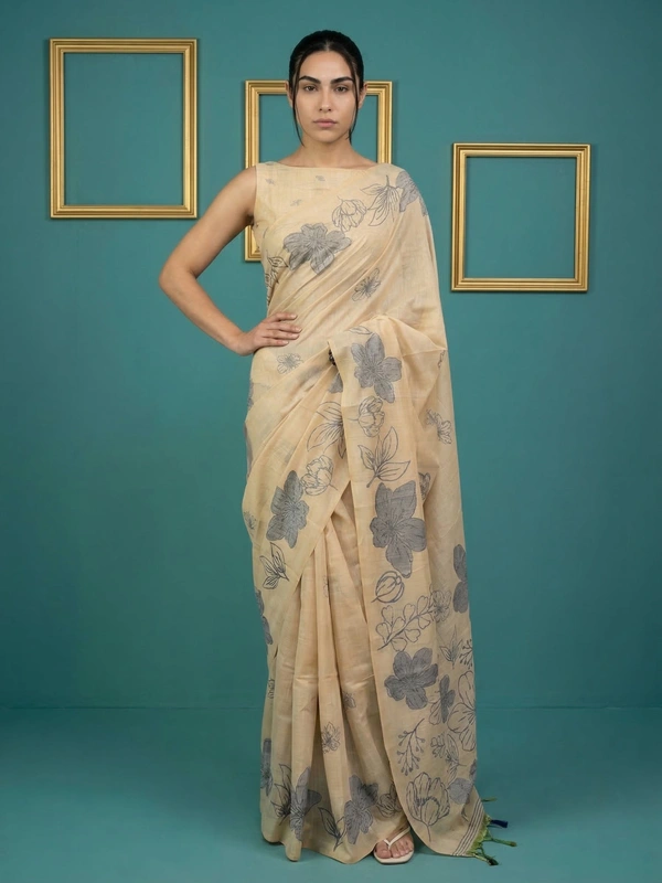 Designer Muga Cotton Saree featuring Classic Pencil Art Flower Pallu