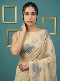 Designer Muga Cotton Saree featuring Classic Pencil Art Flower Pallu - FREE, CHICKOO