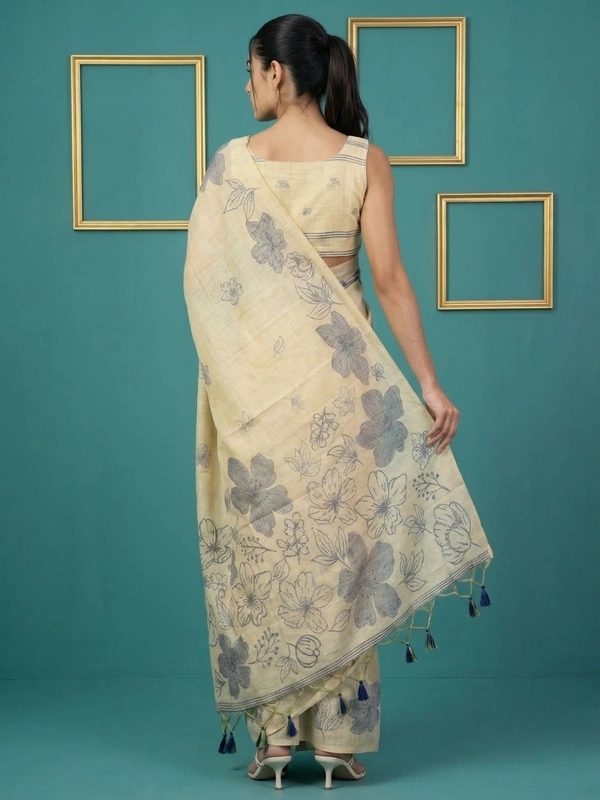 Designer Muga Cotton Saree featuring Classic Pencil Art Flower Pallu - FREE, CHICKOO
