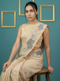 Designer Muga Cotton Saree featuring Classic Pencil Art Flower Pallu - FREE, CHICKOO