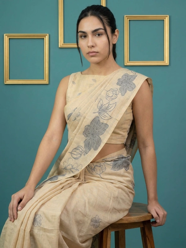 Designer Muga Cotton Saree featuring Classic Pencil Art Flower Pallu - FREE, CHICKOO