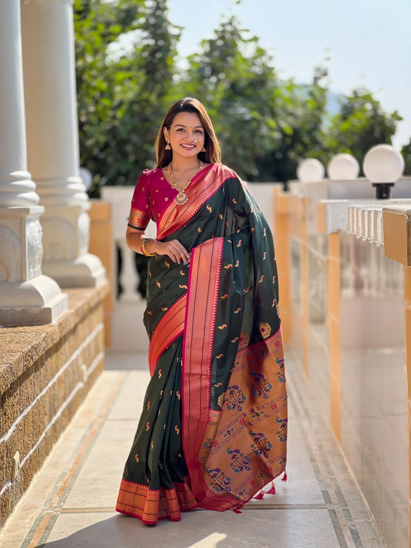PAITHANI_HOUSE216 Designer Paithani Saree � Soft Silk with Zari Motifs, Meenakari Border & Tassel Finish- PEACOCK PAITHANI - BOTTLE GREEN