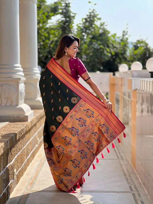 PAITHANI_HOUSE216 Designer Paithani Saree � Soft Silk with Zari Motifs, Meenakari Border & Tassel Finish- PEACOCK PAITHANI - BOTTLE GREEN