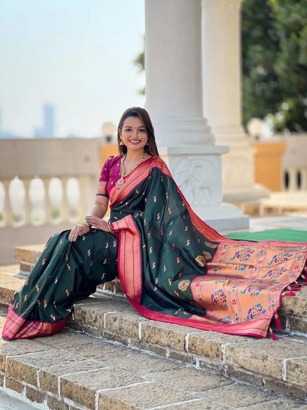 PAITHANI_HOUSE216 Designer Paithani Saree � Soft Silk with Zari Motifs, Meenakari Border & Tassel Finish- PEACOCK PAITHANI - BOTTLE GREEN