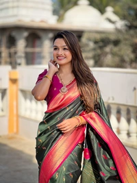 PAITHANI_HOUSE216 Designer Paithani Saree � Soft Silk with Zari Motifs, Meenakari Border & Tassel Finish- PEACOCK PAITHANI - BOTTLE GREEN