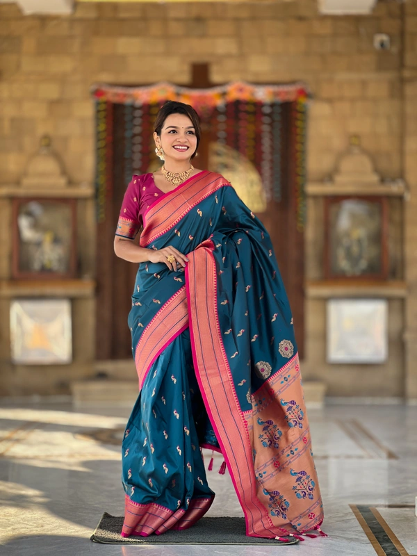 PAITHANI_HOUSE217 Designer Paithani Saree � Soft Silk with Zari Motifs, Meenakari Border & Tassel Finish- PEACOCK PAITHANI - MORPICH