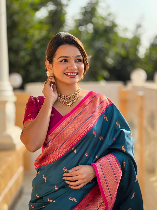 PAITHANI_HOUSE217 Designer Paithani Saree � Soft Silk with Zari Motifs, Meenakari Border & Tassel Finish- PEACOCK PAITHANI - MORPICH