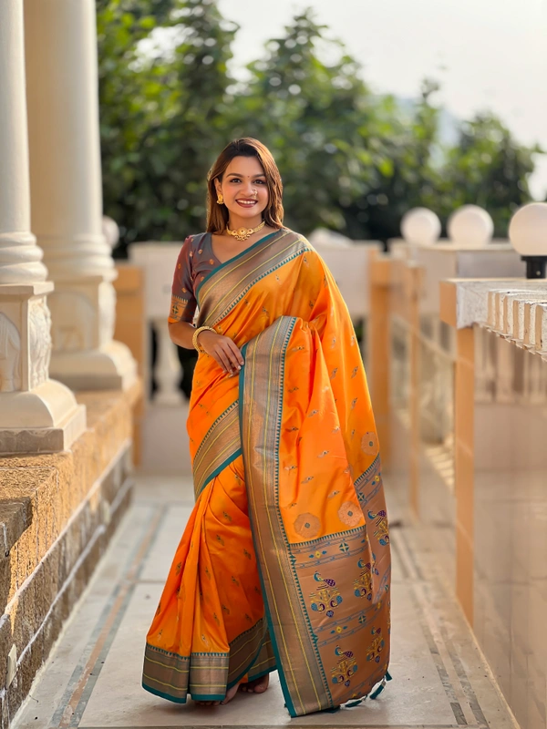 PAITHANI_HOUSE218 Designer Paithani Saree � Soft Silk with Zari Motifs, Meenakari Border & Tassel Finish- PEACOCK PAITHANI - MUSTURED