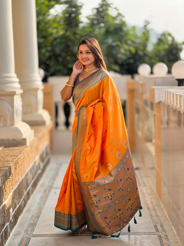 PAITHANI_HOUSE218 Designer Paithani Saree � Soft Silk with Zari Motifs, Meenakari Border & Tassel Finish- PEACOCK PAITHANI - MUSTURED