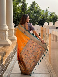 PAITHANI_HOUSE218 Designer Paithani Saree � Soft Silk with Zari Motifs, Meenakari Border & Tassel Finish- PEACOCK PAITHANI - MUSTURED