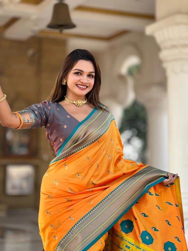 PAITHANI_HOUSE218 Designer Paithani Saree � Soft Silk with Zari Motifs, Meenakari Border & Tassel Finish- PEACOCK PAITHANI - MUSTURED