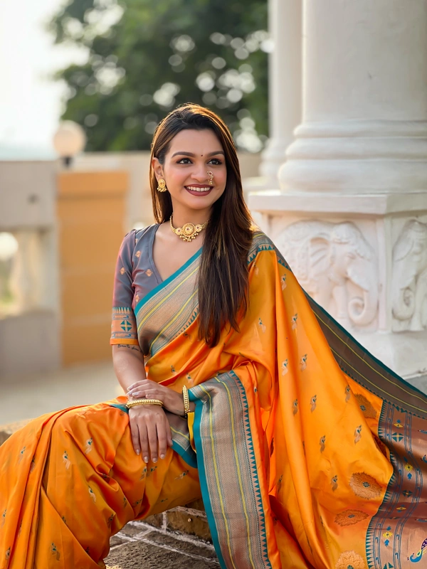 PAITHANI_HOUSE218 Designer Paithani Saree � Soft Silk with Zari Motifs, Meenakari Border & Tassel Finish- PEACOCK PAITHANI - MUSTURED