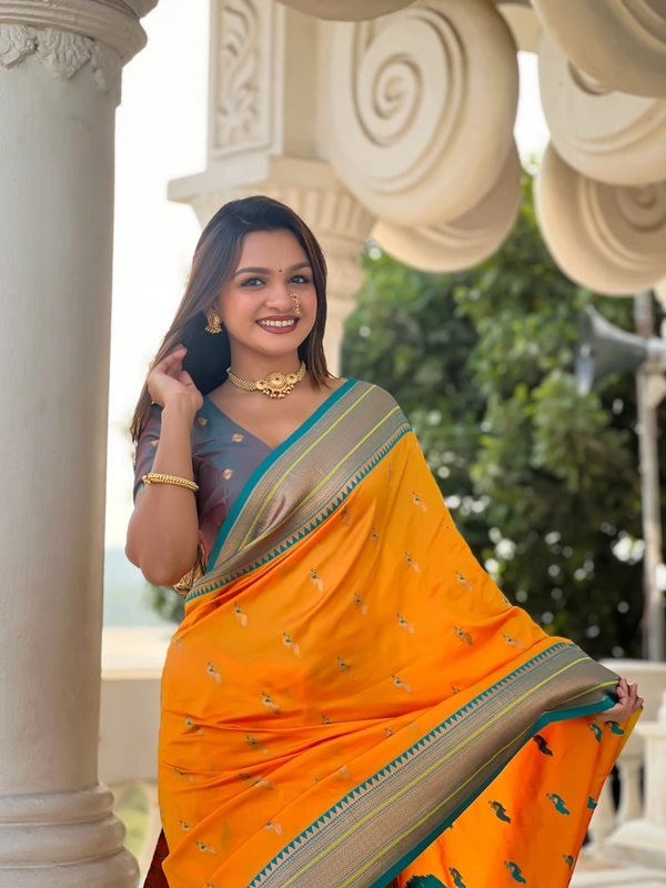 PAITHANI_HOUSE218 Designer Paithani Saree � Soft Silk with Zari Motifs, Meenakari Border & Tassel Finish- PEACOCK PAITHANI - MUSTURED