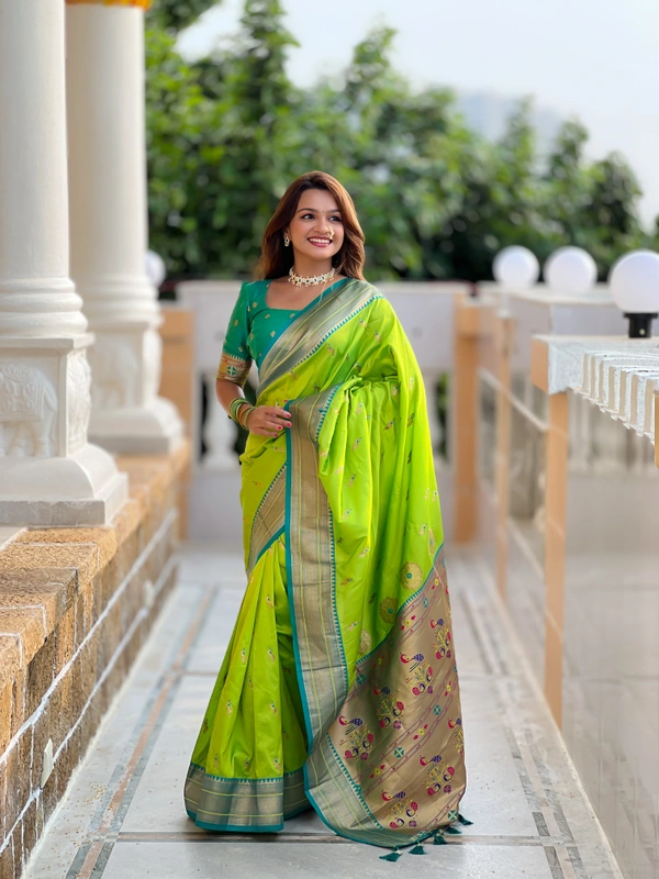 PAITHANI_HOUSE219 Designer Paithani Saree � Soft Silk with Zari Motifs, Meenakari Border & Tassel Finish- PEACOCK PAITHANI - PERROT GREEN
