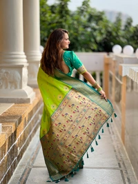PAITHANI_HOUSE219 Designer Paithani Saree � Soft Silk with Zari Motifs, Meenakari Border & Tassel Finish- PEACOCK PAITHANI - PERROT GREEN