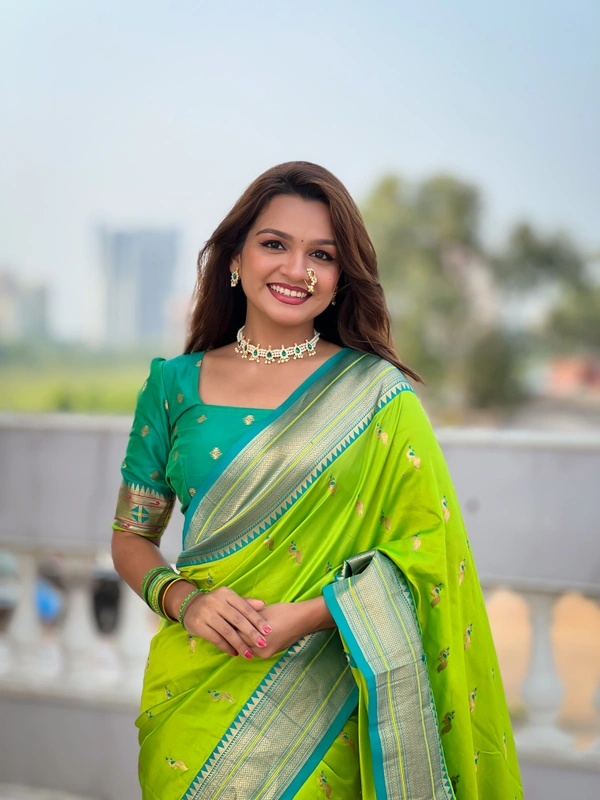 PAITHANI_HOUSE219 Designer Paithani Saree � Soft Silk with Zari Motifs, Meenakari Border & Tassel Finish- PEACOCK PAITHANI - PERROT GREEN