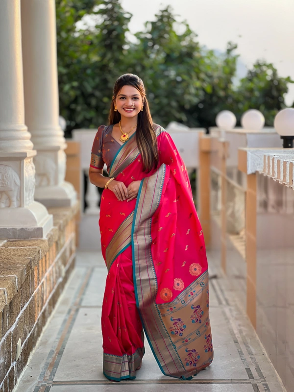 PAITHANI_HOUSE220 Designer Paithani Saree � Soft Silk with Zari Motifs, Meenakari Border & Tassel Finish- PEACOCK PAITHANI - PINK