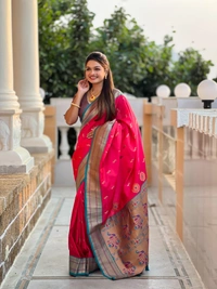 PAITHANI_HOUSE220 Designer Paithani Saree � Soft Silk with Zari Motifs, Meenakari Border & Tassel Finish- PEACOCK PAITHANI - PINK