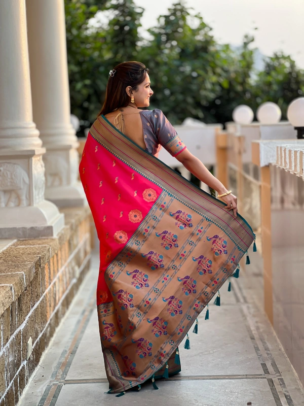 PAITHANI_HOUSE220 Designer Paithani Saree � Soft Silk with Zari Motifs, Meenakari Border & Tassel Finish- PEACOCK PAITHANI - PINK