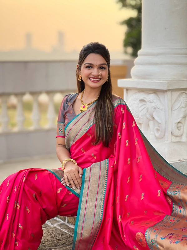PAITHANI_HOUSE220 Designer Paithani Saree � Soft Silk with Zari Motifs, Meenakari Border & Tassel Finish- PEACOCK PAITHANI - PINK