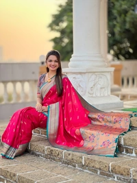 PAITHANI_HOUSE220 Designer Paithani Saree � Soft Silk with Zari Motifs, Meenakari Border & Tassel Finish- PEACOCK PAITHANI - PINK