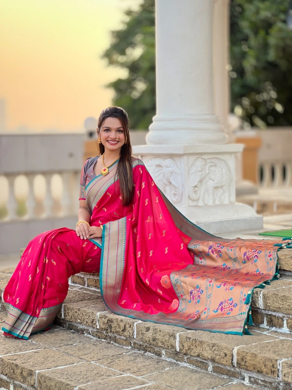 PAITHANI_HOUSE220 Designer Paithani Saree � Soft Silk with Zari Motifs, Meenakari Border & Tassel Finish- PEACOCK PAITHANI - PINK