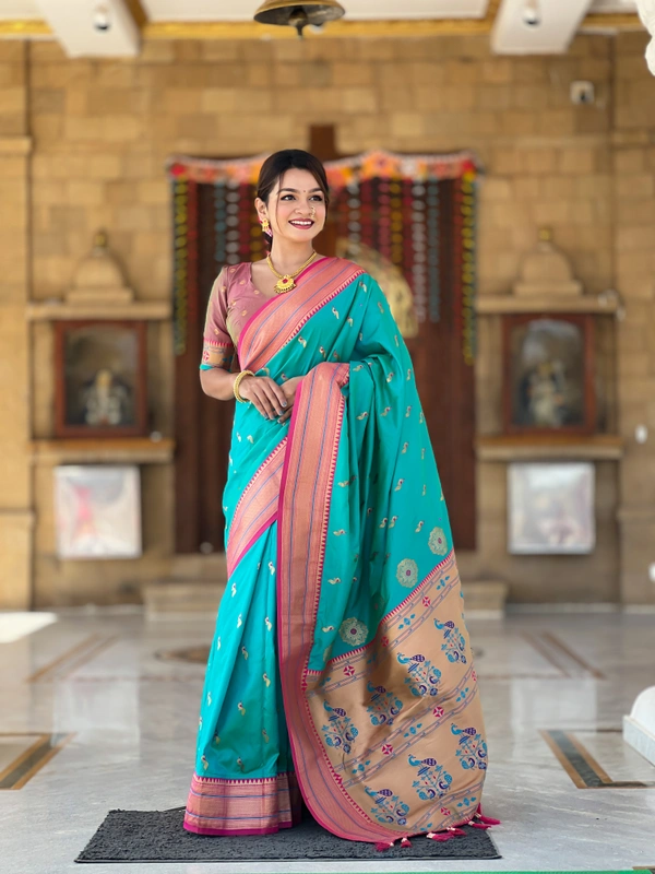 PAITHANI_HOUSE221 Designer Paithani Saree � Soft Silk with Zari Motifs, Meenakari Border & Tassel Finish- PEACOCK PAITHANI - RAMA